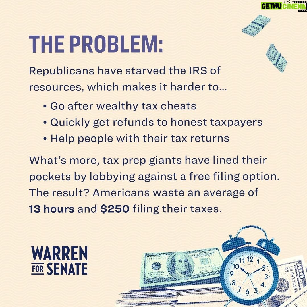 Elizabeth Warren Instagram - Here’s how we won a crackdown on wealthy tax cheats and made progress towards fast, free tax filing for all Americans: