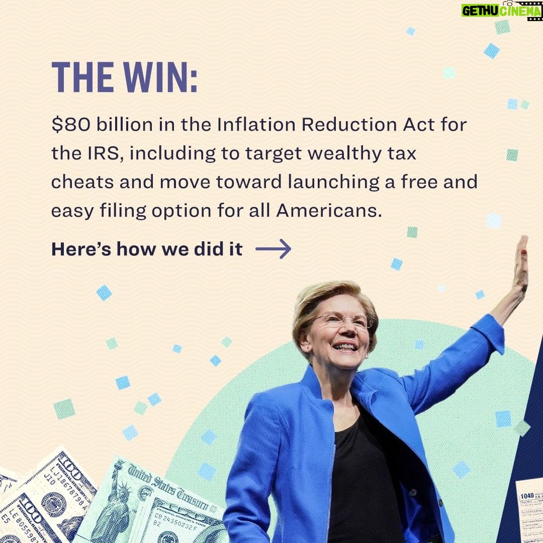 Elizabeth Warren Instagram - Here’s how we won a crackdown on wealthy tax cheats and made progress towards fast, free tax filing for all Americans:
