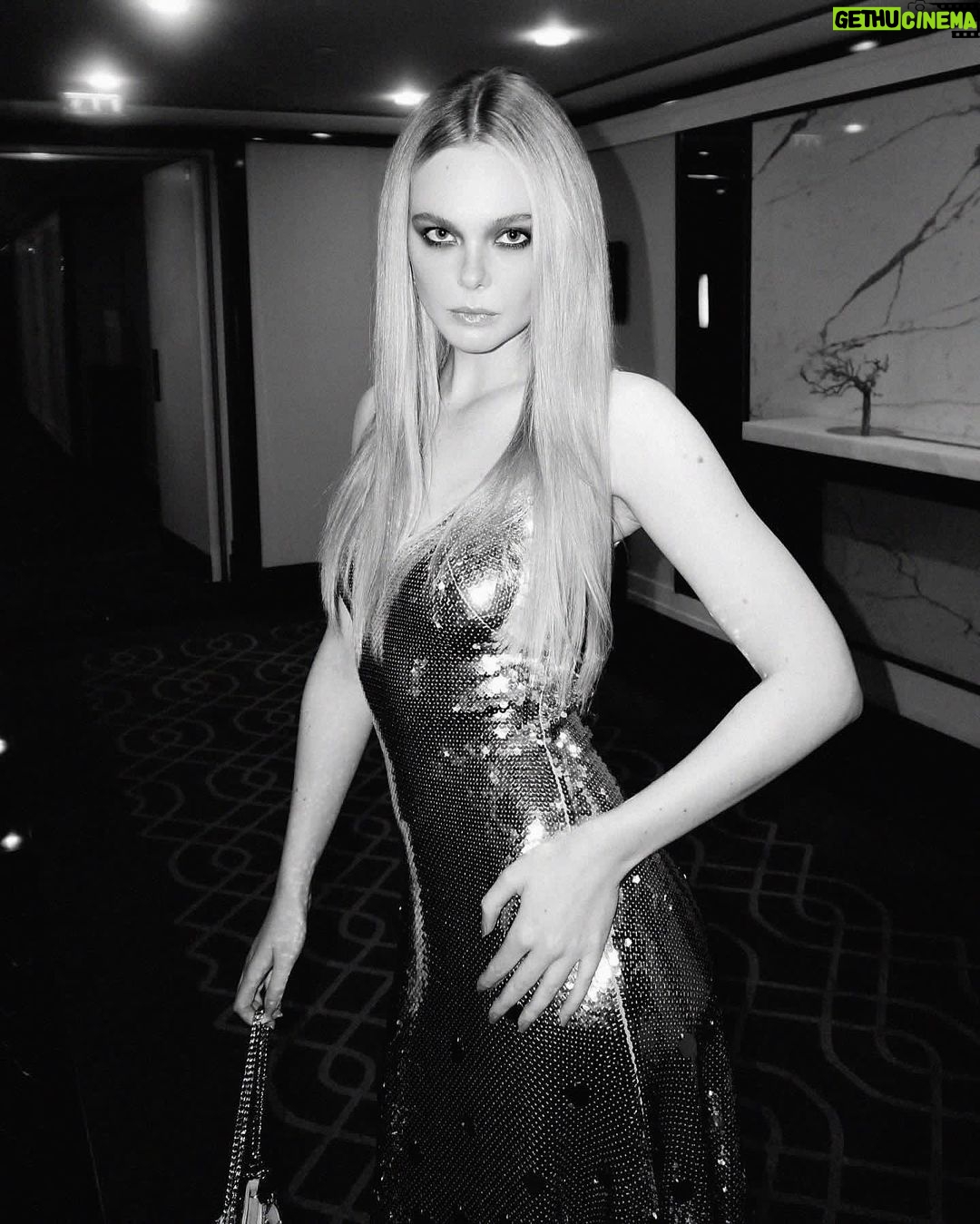 Elle Fanning Instagram - Thanks for the GLAM this week @tyronmachhausen and @owengould 🩶 Both of your photography skills are magazine level good 😆 #hotelbathroom #pfw