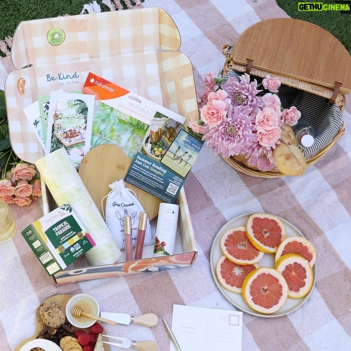 Ellen DeGeneres Instagram - We LOVE Summer! ☀️ How ‘bout you?! This season, we hope the BE KIND. box will inspire you to have the perfect summer day with the people you love. Check out these 10 products - yes, TEN! - by 6 amazing brands, and see for yourself! Did someone say picnic?! 🧺 Enjoy iced @vahdamindia tea this Summer with friends. Plus, Vahdam is certified Climate & Plastic Neutral, and 1% of revenue goes toward the education of their farmers’ children. 🍃 They’re green, reusable, and oh-so-cute! Get your hands on @fullcircle Tough Sheet Reusable Plant Towels and Ziptuck Lunch Bag Set. Trust us when we say they will be snacktime’s best friend! 📕 You’ll LOVE "Slightly South of Simple" By Kristy Woodson Harvey, our pick for a fun Summer read! 📚 @booksiobooks is a woman-owned, charity-driven online bookstore that donates 10% of all profits each month to charity. We ♥️ this Heart Cheese Board & Cheese Knives Set from @theellenshop, and we know you will too! Gather your friends, loved ones, or let’s be real — yourself, and enjoy! 😻You are going to love @100percentpure Coffee Bean Caffeine Eye Cream! It is totally vegan with rejuvenating & restorative ingredients. Also, the company’s core mission is rooted in improving the lives of humans and animals across the globe. 👄 Craving some Summer self care? We’re loving @mineralfusion Hydro Shine Lip Glosses in TWO shades! They’re hypoallergenic, vegan, cruelty-free, gluten-free, and contain no harsh ingredients, artificial fragrances, or parabens. ✍️In an increasingly digital world the written word can mean so much. That’s why we included this set of postcards📮designed by our very own box artist @sabinafenn ! These beautiful cards can also be used as wall art with a simple frame!