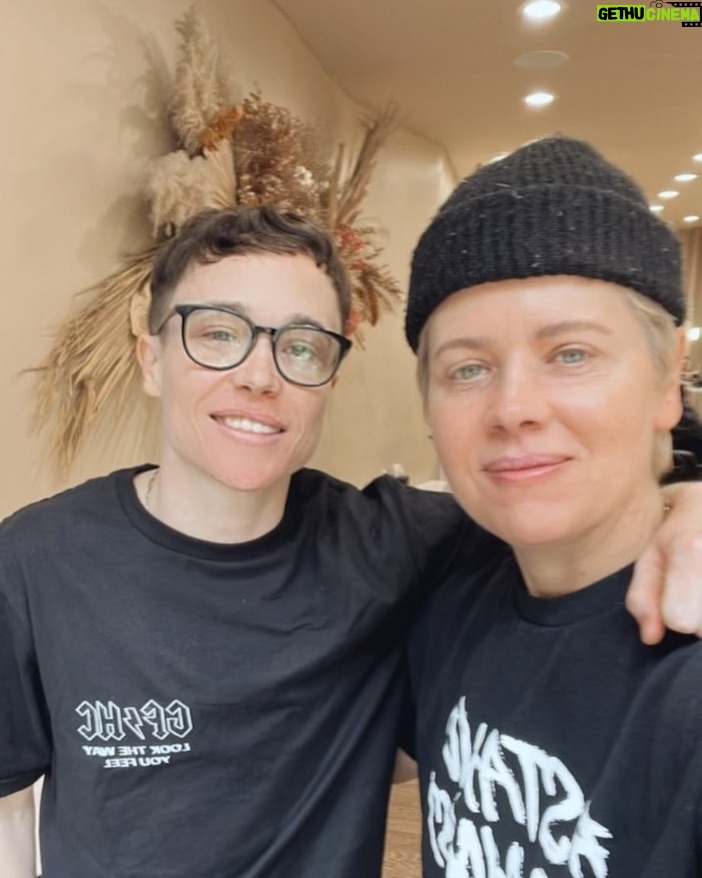 Elliot Page Instagram - Me and my pal @kristinrankinhair! 👋 Kristin is the founder of @thedresscodeproject, the leading organization for gender-affirming hair in the pro-hair industry. The Dresscode Project helps educate and train hairstylists & salon owners to create gender affirming hair spaces across the globe. The organization is empowering the trans community to receive haircuts that help folks look the way they feel by giving support and resources to hairstylists so they can provide transgender affirming hair care. Head to dresscodeproject.com (link in my Story) to learn more.