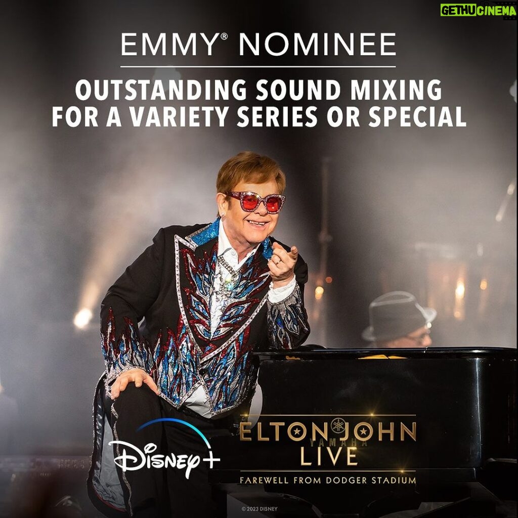 Elton John Instagram - I am incredibly proud of 'Elton John Live: Farewell From Dodger Stadium' receiving two additional Emmy nominations in the Outstanding Sound Mixing for a Variety Series or Special and Outstanding Technical Direction and Camerawork for a Special. Matt Herr and Alan Richardson who have worked on the mix team as part of the Farewell Yellow Brick Road tour are more than deserving of this recognition as are the brilliant production and camera teams @fulwell73productions. Their abilities to capture something truly live for every @disneyplus territory for the first time in Disney’s history is beyond remarkable! #emmy #emmyawards #eltonfarewelltour