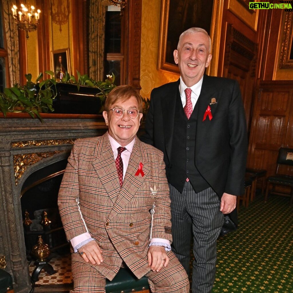 Elton John Instagram - Ahead of #WorldAIDSDay, I am honoured to receive recognition for my lifetime work with @ejaf from @appg.hiv.aids during a special reception at Speakers House. It was great to meet with political leaders, with @davidfurnish and @anneaslett, to discuss how England could be the first country to end new cases of HIV. We can’t end AIDS without the backing of the @ukgovofficial and today, we’re delighted by @victoriaatkinsmp’s announcement to expand opt-out HIV testing to every high prevalence area across the country. My Foundation and partners led the world’s first HIV Social Impact Bond in London which proved that opt-out HIV testing in A&Es works to find and diagnose HIV in people who didn’t know they were living with the virus. Not only does it save money, more importantly, it saves lives. The earlier people know they are living with HIV, they can start treatment and prevent the spread to others. We must keep our foot on the accelerator to end AIDS. 📸: @davebenett Speakers House, The House of Commons
