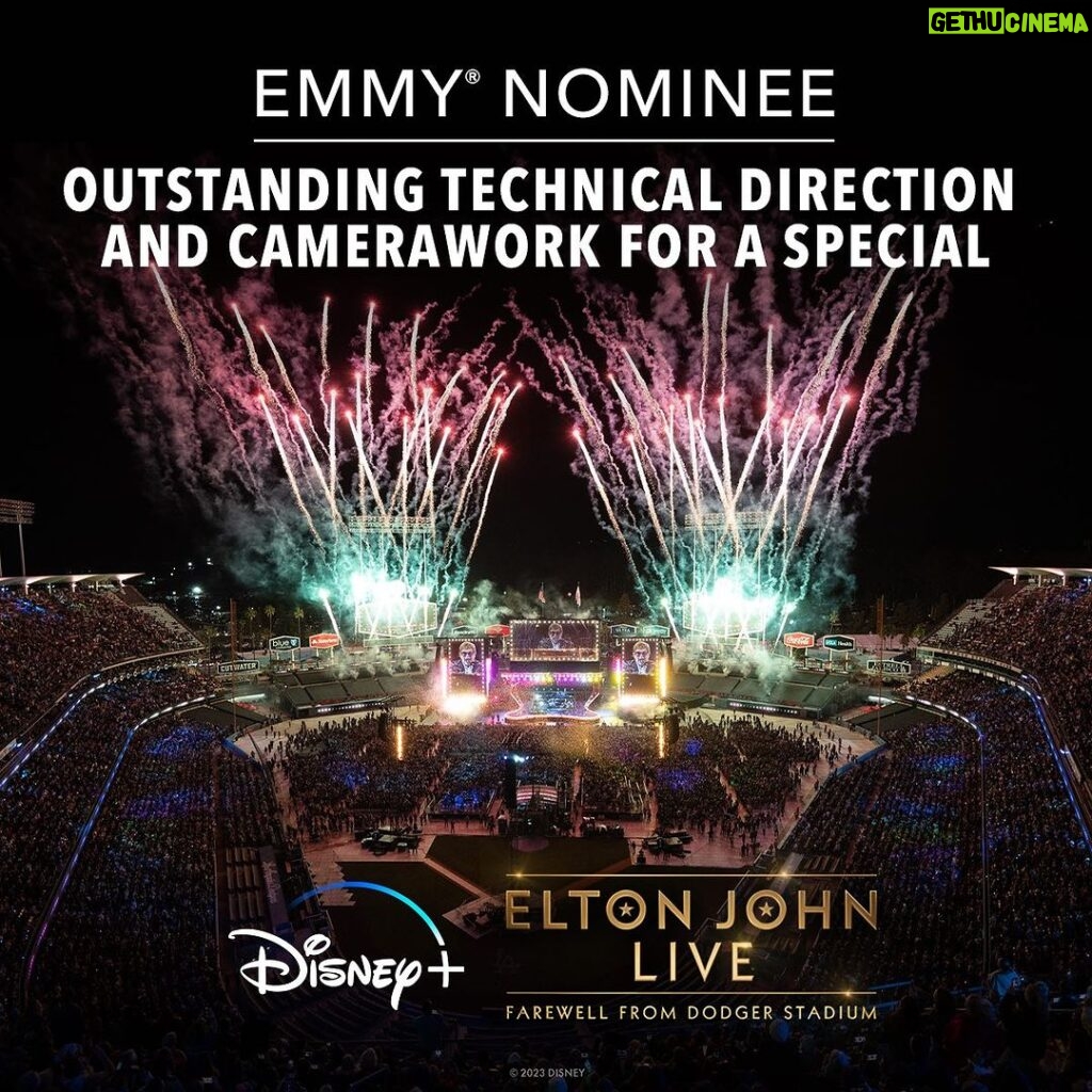 Elton John Instagram - I am incredibly proud of 'Elton John Live: Farewell From Dodger Stadium' receiving two additional Emmy nominations in the Outstanding Sound Mixing for a Variety Series or Special and Outstanding Technical Direction and Camerawork for a Special. Matt Herr and Alan Richardson who have worked on the mix team as part of the Farewell Yellow Brick Road tour are more than deserving of this recognition as are the brilliant production and camera teams @fulwell73productions. Their abilities to capture something truly live for every @disneyplus territory for the first time in Disney’s history is beyond remarkable! #emmy #emmyawards #eltonfarewelltour