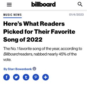 Elton John Instagram - An enormous thank you to @billboard, it’s readers and all the fans of ‘Hold Me Closer’ who voted it their favourite song of 2022!! And thank you @britneyspears for your talent and collaboration in making this happen and the incredible @thisiswatt who shares this success! What an incredible way to kick off the year 🚀🌹