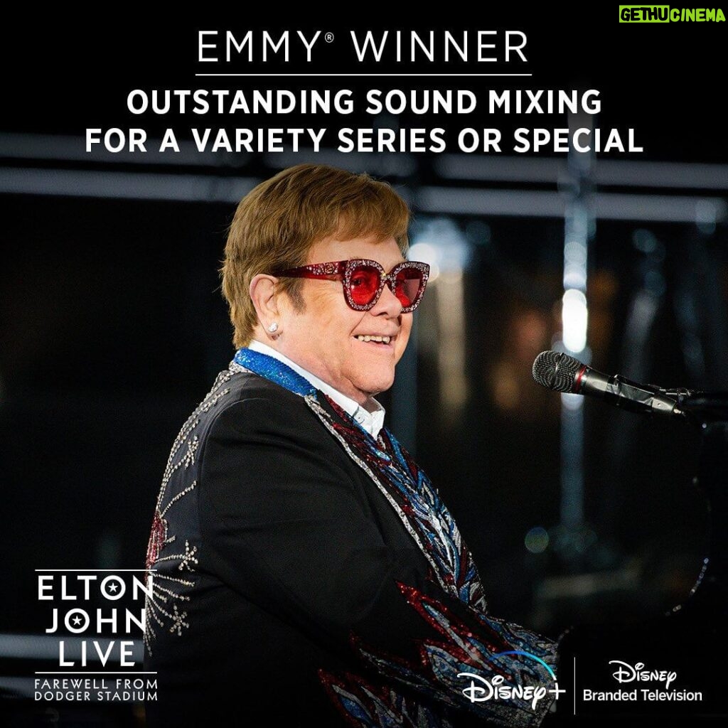 Elton John Instagram - An enormous congratulations to the Elton John Live teams who won not one but TWO Emmys! Matt Herr and Alan Richardson who won Outstanding Sound Mixing for a Variety Series or Special and @fulwell73productions for Outstanding Technical Direction and Camerawork for a Special! I could not be prouder to see your incredible talents recognised!! Thank you to the Academy and to @disneyplus for your support! #emmyawards #eltonfarewelltour @televisionacad