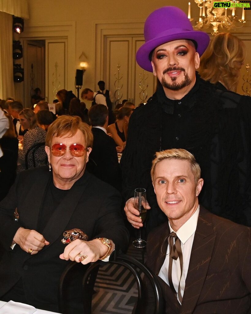 Elton John Instagram - Thank you @evening.standard for inviting @davidfurnish and I to the Theatre Awards last night and honouring me with your Editors Award for my collaborative contributions to theatre. Creating music for the stage has been some of the most gratifying projects for me, from the Lion King to Billy Elliot and now Tammy Faye, so thank you to the editors for this award as well as @jakeshears and @boygeorgeofficial for presenting it to me. With @tammyfayebway coming next year, I couldn’t be more proud of this recognition. Thank you ❤ 📸: @davebenett Claridge's Hotel Mayfair