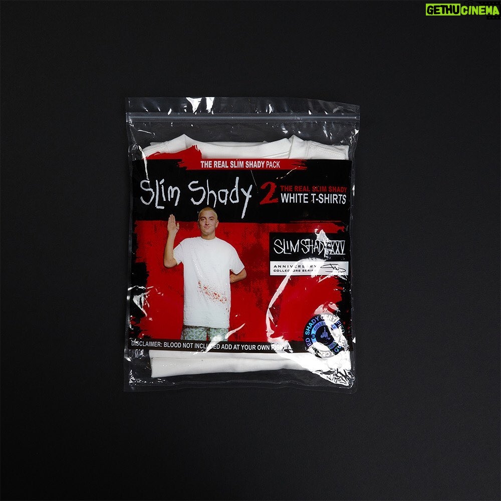 Eminem Instagram - The Slim Shady LP 25th anniversary capsule hits the store this week. Featuring limited edition collectibles like the Shady License Plate Shadowbox signed by me, and The Real Slim Shady T-shirt Pack (blood not included). Get first access - link in bio