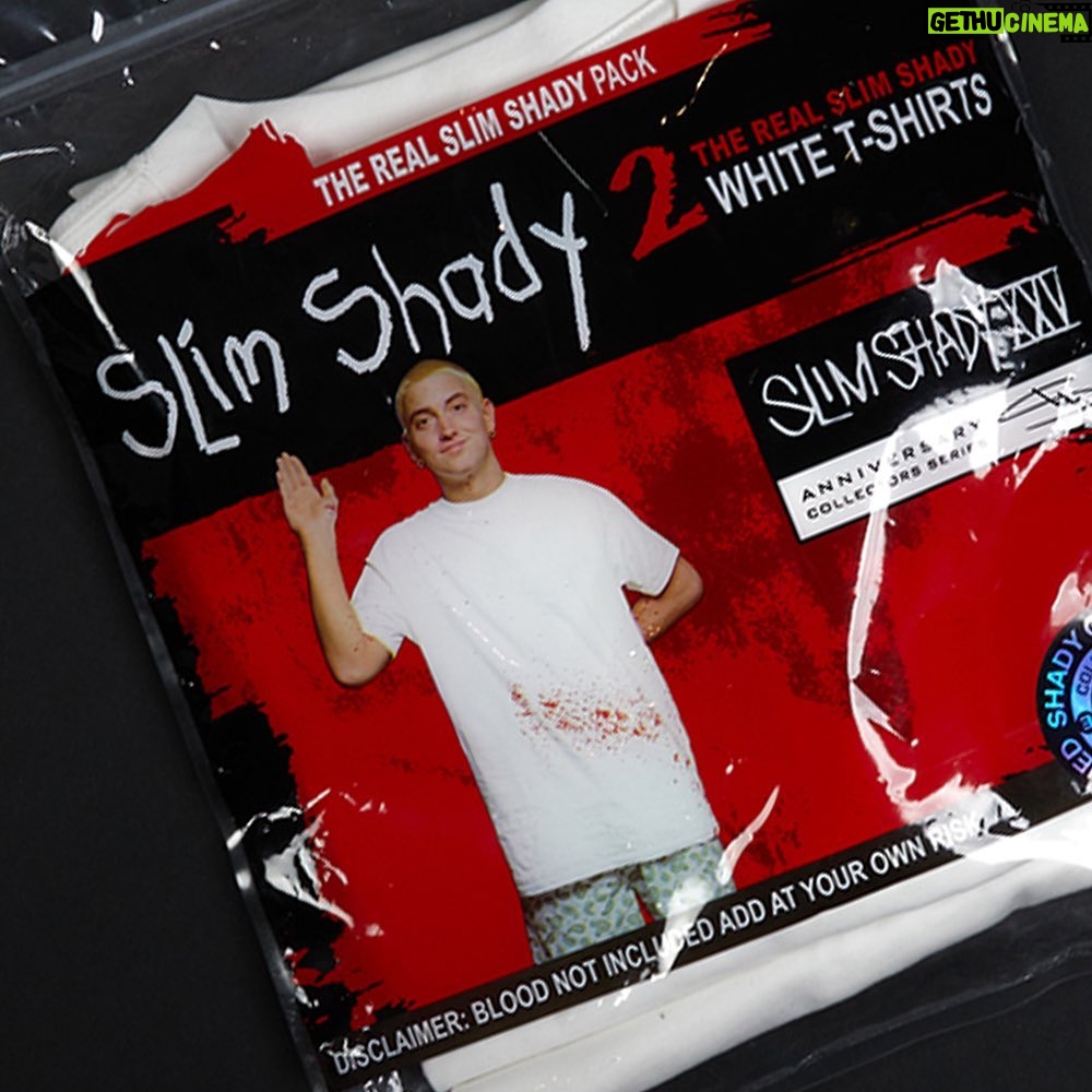 Eminem Instagram - The Slim Shady LP 25th anniversary capsule hits the store this week. Featuring limited edition collectibles like the Shady License Plate Shadowbox signed by me, and The Real Slim Shady T-shirt Pack (blood not included). Get first access - link in bio