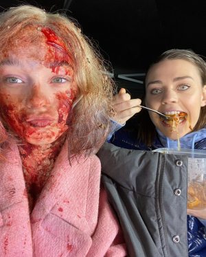 Emma Myers Instagram - just a wee bit bloody (don’t leave your contacts in when there’s blood rain)