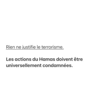 Emmanuel Macron Instagram - France, Allemagne, Italie, Royaume-Uni et États-Unis — Nous exprimons notre soutien ferme et uni à l'État d'Israël, ainsi que notre condamnation sans équivoque du Hamas et de ses effroyables actes de terrorisme.

Nous affirmons clairement que les actions du Hamas n'ont aucune justification, aucune légitimité et qu'elles doivent être universellement condamnées.

Rien, jamais, ne justifie le terrorisme.

Ces derniers jours, les terroristes du Hamas ont massacré des familles dans leurs maisons, ainsi que plus de 200 jeunes qui participaient à un festival de musique, et ont kidnappé des femmes âgées, des enfants et des familles entières, qui sont maintenant retenus en otage, sous les regards horrifiés du monde entier.

Nos pays soutiennent Israël dans ses efforts pour se défendre et défendre son peuple contre ces atrocités.

Nous insistons sur le fait qu'aucun autre acteur hostile à Israël ne doit chercher à tirer avantage de ces attaques.

Nous reconnaissons tous les aspirations légitimes du peuple palestinien et soutenons des mesures égales de justice et de liberté pour les Israéliens et les Palestiniens.

Mais ne nous y trompons pas : le Hamas ne représente pas ces aspirations et n'offre rien d'autre au peuple palestinien que davantage de terreur et d'effusion de sang.

Au cours des prochains jours, nous resterons unis et coordonnés, en tant qu'alliés et amis de l'État d'Israël, afin de garantir qu'Israël soit en mesure de se défendre et pour instaurer les conditions d’un Moyen-Orient pacifique et intégré.