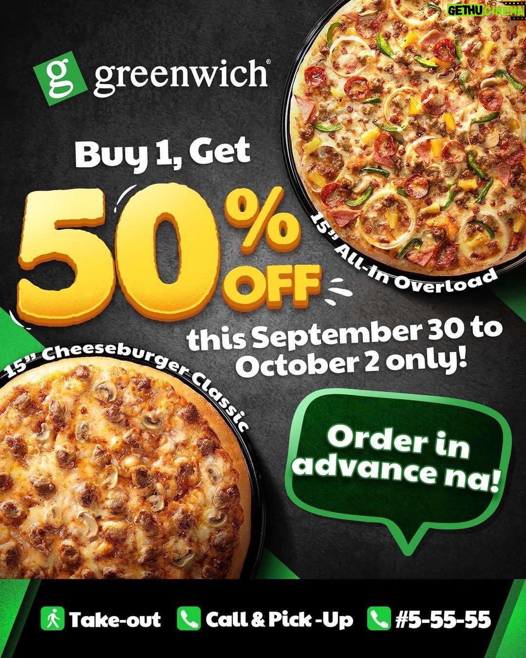 Enrique Gil Instagram - Lonely ba kapag wala kang ka-partner sa kain? It's always a good time to treat the fam! ๐ค๐ Buy 1 15โ All-In Overloadยฎ and get 50% Off on 15โ Cheeseburger or Cheesy Bacon & Ham Classic this September 30 to October 2. ๐คค๐๐ Order in advance na through Take-out, call ๐ #5-55-55 or any of our stores found here: https://stores.jfc.com.ph/greenwich.html