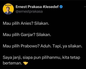 Ernest Prakasa Instagram - Siapa pun capresnya, kita gak boleh musuhan. Sepakat? 🫶