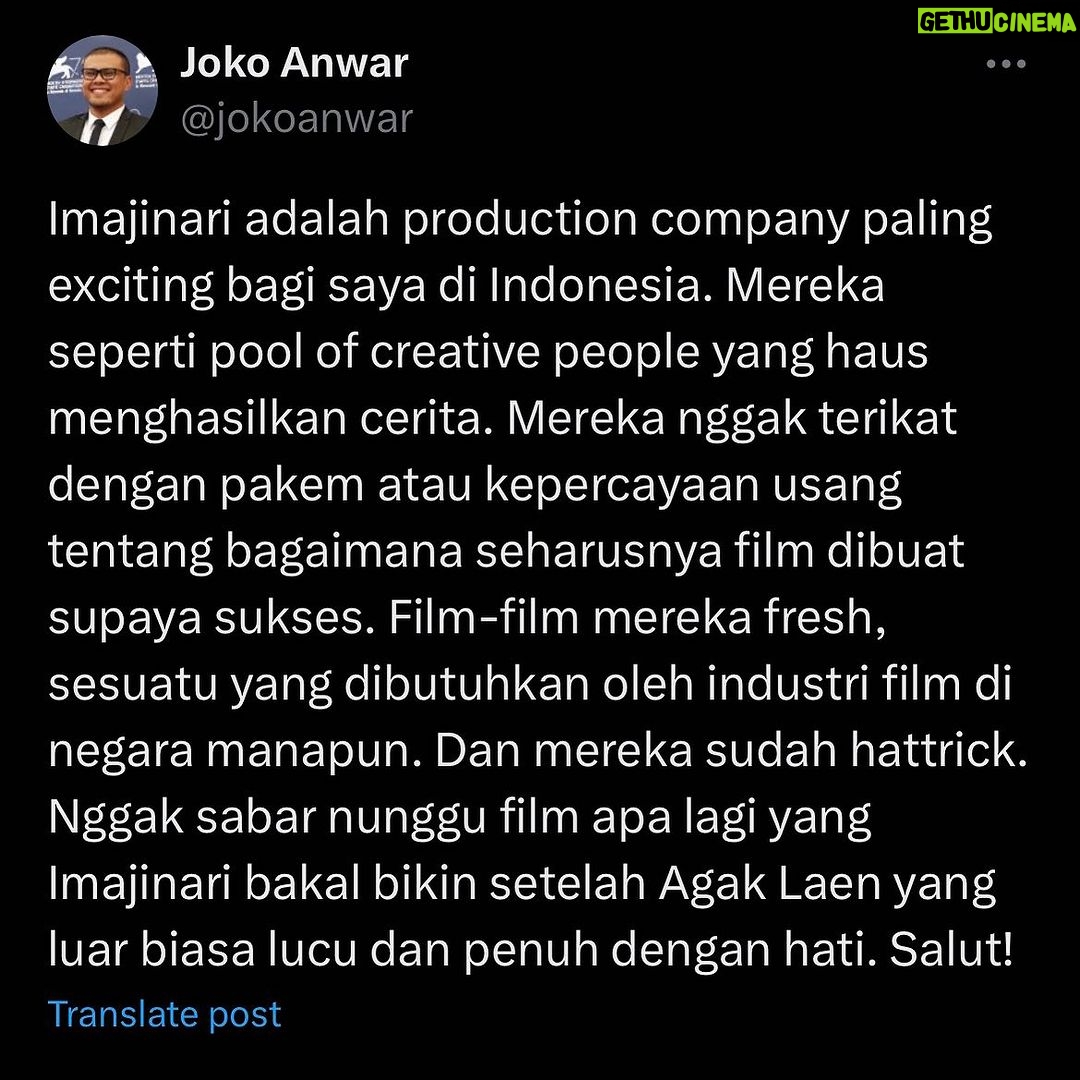 Ernest Prakasa - 31.1K Likes - Terimakasih @jokoanwar. Sebuah kehormatan bagi @imajinari.id. 🤝