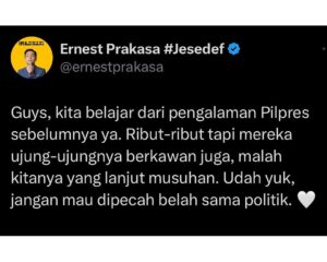 Ernest Prakasa Instagram - Siapa pun presidennya, kita akan tetep harus urus diri masing-masing. Mari tetap berteman. 🤝