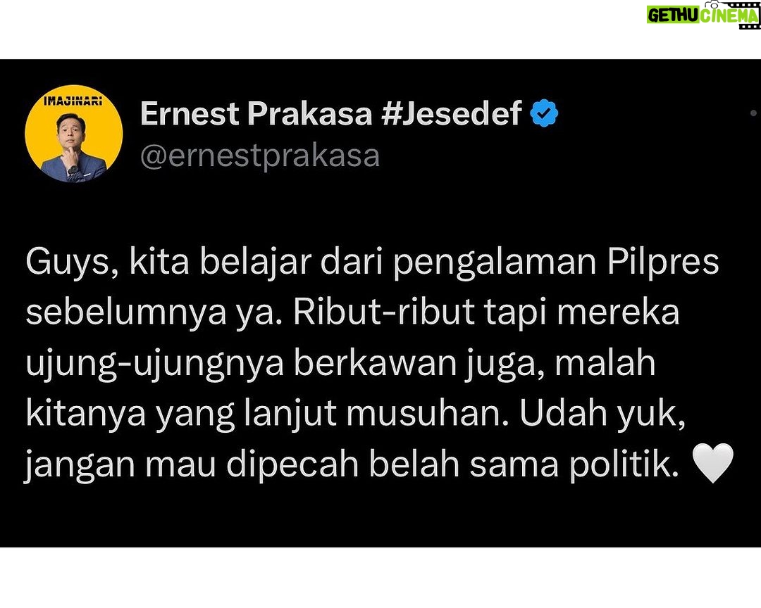 Ernest Prakasa - 51.6K Likes - Siapa pun presidennya, kita akan tetep harus urus diri masing-masing. Mari tetap berteman. 🤝