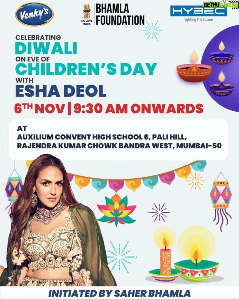 Esha Deol Instagram - I along with the @Bhamlafoundation am coming to celebrate Childrens day and Diwali with school kids for a day filled with laughter, dance, rangoli and shared happiness. Date :- 6th November Time :- 9:45am Venue :-Auxilium Convent High School,Bandra West. Special thanks to @venkysuttarafoods @hybec for supporting this Nobel cause a caption...