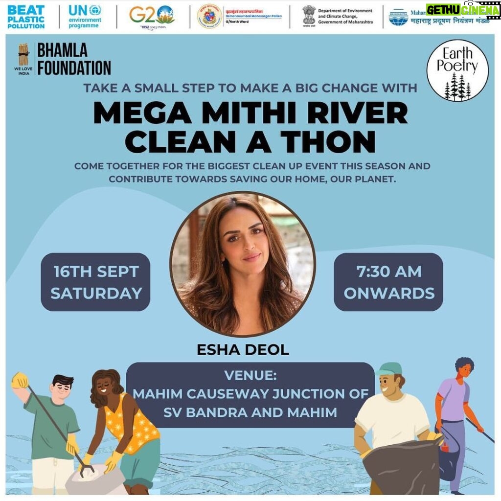 Esha Deol Instagram - The MITHI river is calling for immediate action. The 17.8km long river is heavilyy polluted resulting in biodiversity loss. Join me on 16th September, Saturday morning 7:30am with the @bhamlafoundation and @earthpoetry_india to save OUR MITHI! The MEGA #MITHIRIVER #CLEANATHON is a initiative to save our ecosystem. Let’s be there! Let’s save MITHI together! Rahul Shewale @oneearthnetwork @saherbhamla itsrahulshewale @narwekarrahulmla ♥🧿
