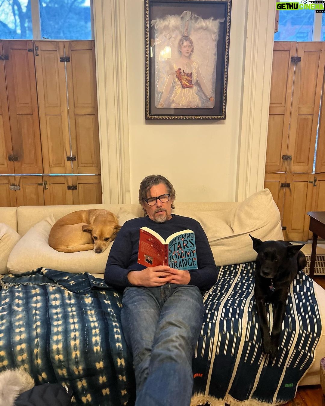 Ethan Hawke Instagram - Georgia, Jett and I wanted to let y’all know that Tommy Orange’s latest novel Wandering Stars, out on February 27, is excellent. You can snag a copy and get yr ticket to see Tommy and I in conversation about his important book on March 5 at St. Joseph’s University in Brooklyn. Tickets available now — link in story. About Wandering Stars: Extending his constellation of narratives into the past and future, Orange traces the legacies of the Sand Creek Massacre of 1864 and the Carlisle Indian Industrial School through three generations of a family in a story that is by turns shattering and wondrous.