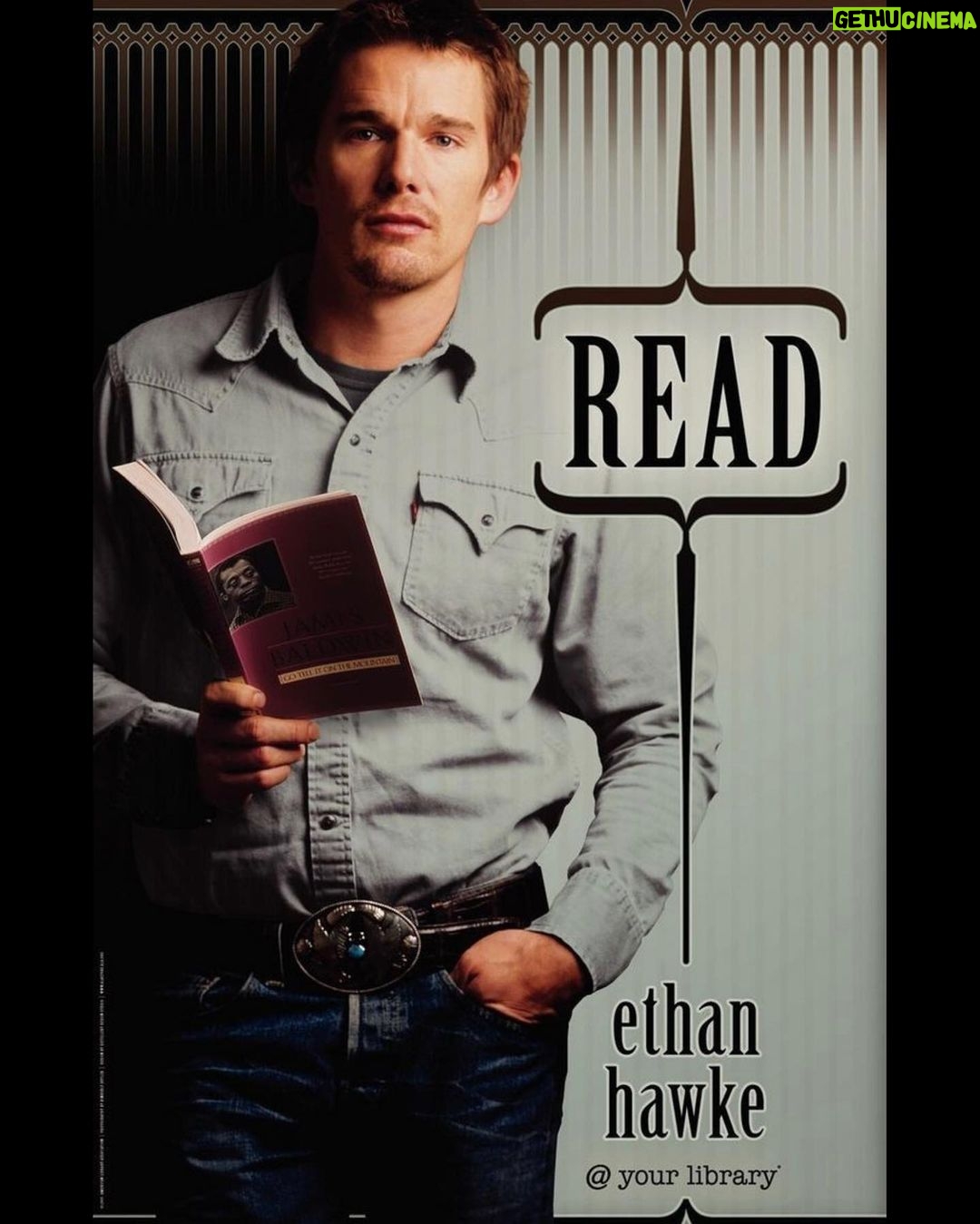 Ethan Hawke Instagram - It’s #ReadABookDay, y’all. Reading never goes out of style, even if your belt buckle does. #GoTeIlitOnTheMountain