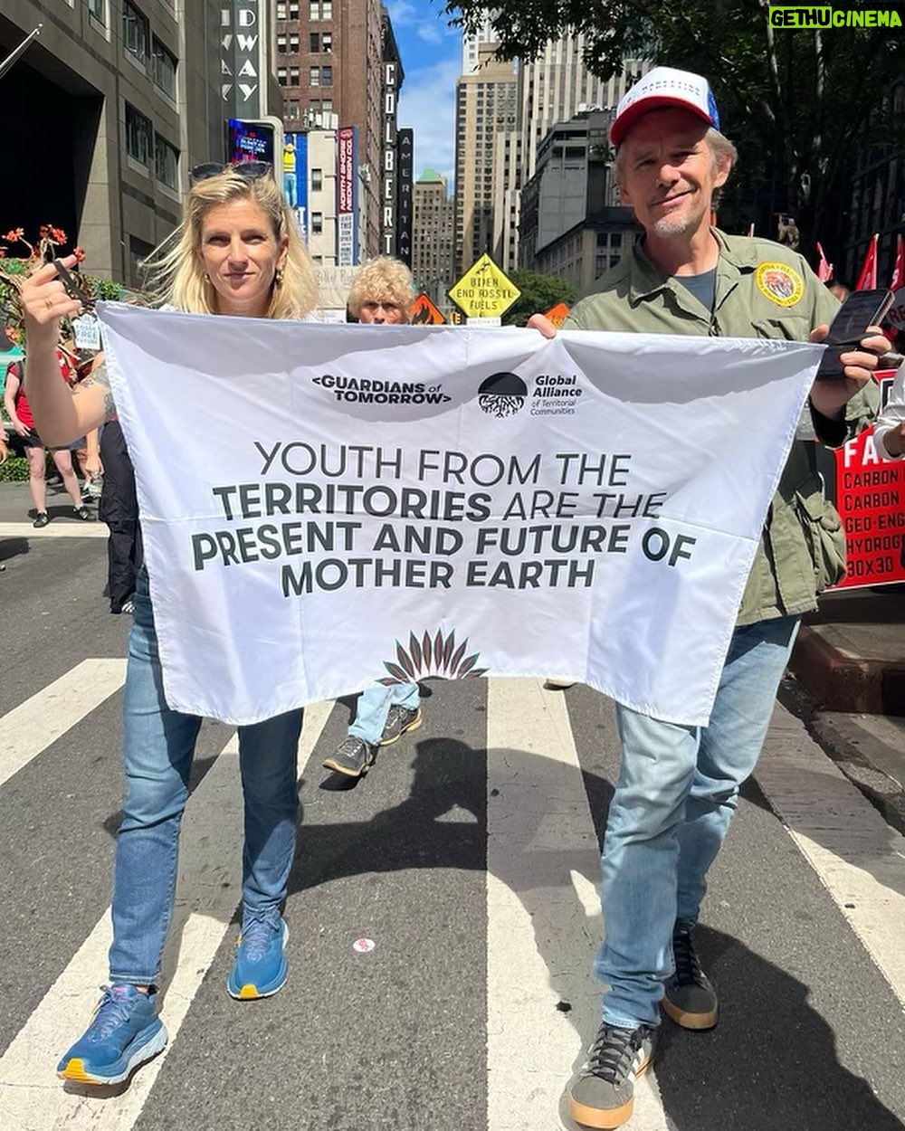 Ethan Hawke Instagram - This weekend at the #MarchtoEndFossilFuels in NYC amongst 100,000 activists, indigenous groups, students and fellow citizens. This was organized ahead of the United Nations Climate Ambition Summit calling on our governments and financial institutions to address the issue of equality and climate justice immediately. Thanks especially to the Global Alliance of Territorial Communities (@globalalliancet) for your advocacy to ensure indigenous peoples globally are recognized as essential actors in the fight against climate change, the protection of biodiversity, and the sustainable management of territories. Second Image: Spencer Platt / Getty Images