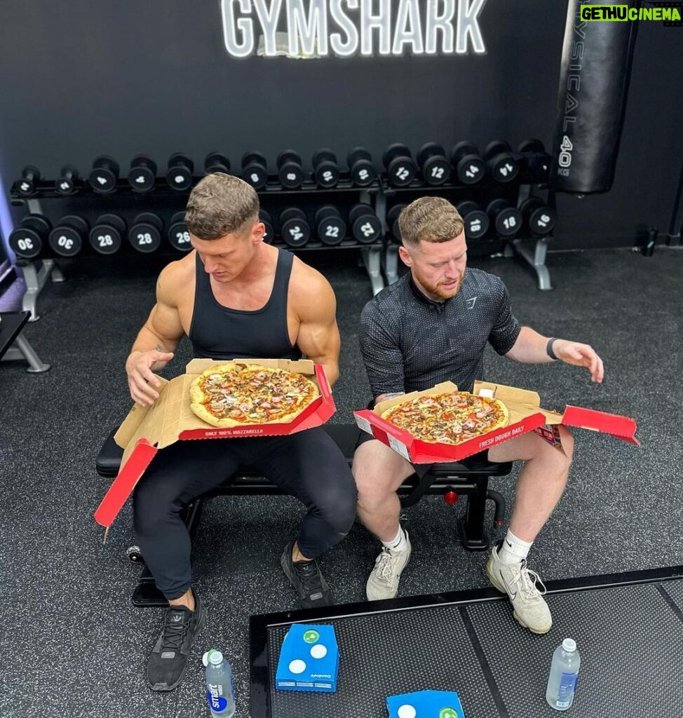 Ethan Payne Instagram - Just a couple of guys enjoying a meat feast @gymshark #gym #pizza #bodybuilding Ethan's Gym