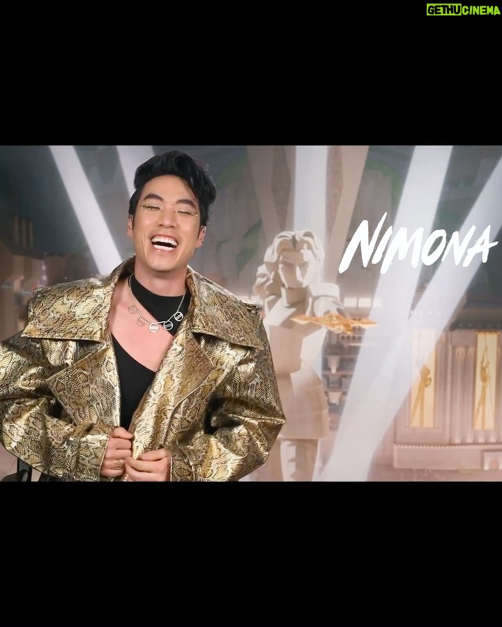 Eugene Lee Yang Instagram - Nimona press day - golden look ✨ *cue jojo’s bizarre adventure OST 🐆 styling by @colinmanderson hair & makeup by @amandawilsonmakeup wearing @helenanthonyofficial necklace by @juliaduff ear cuffs by @atavuscouture