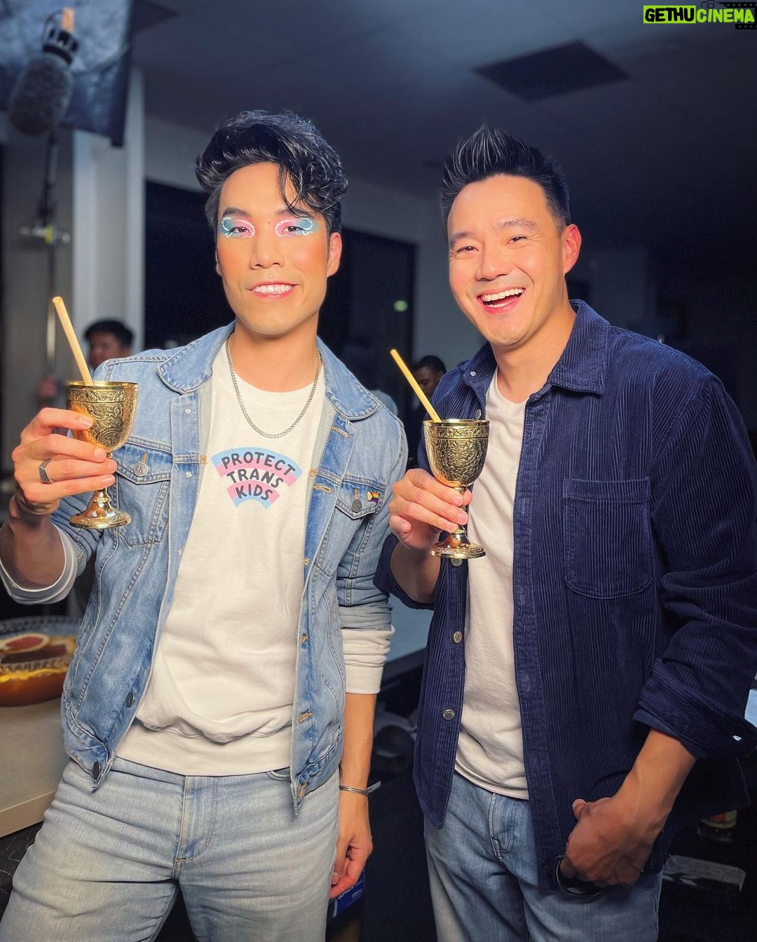 Eugene Lee Yang Instagram - Thrilled to be the latest guest in the hot seat on @netflixgolden's #SpilltheBobaTea talking all things Nimona with @wongfuphil at @bopomofocafe!🧋 Phil crafted a custom boba drink based on my life while we bonded over praising Manny Jacinto 🤩. 💋makeup by @ariannachayleneblean 🏳️⚧️sweater by @megemikoart