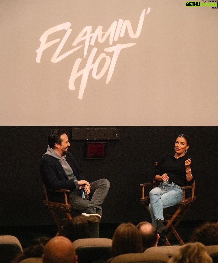 Eva Longoria Instagram - Was my absolute honor to have the incomparable @lin_manuel moderate a special screening of @flaminhotmovie in New York last night. So grateful to you for uplifting our movie❤️‍🔥🔥 #flaminhotmovie