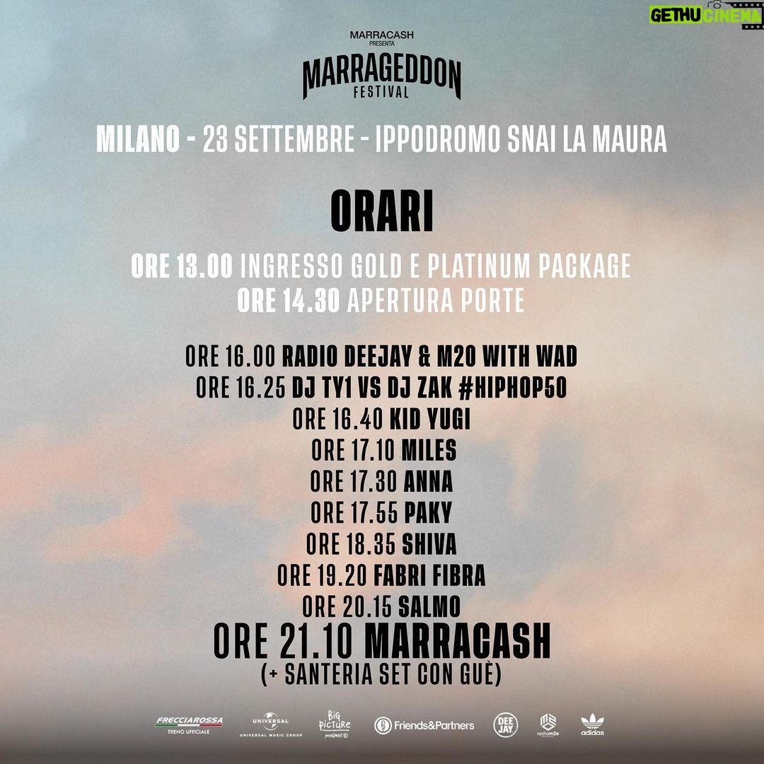 Fabio Bartolo Rizzo Instagram - ⚠️INFO UTILI PER MILANO⚠️ In questo post troverete orari ingressi, orari della line up musicale e mezzi di trasporto pubblico per arrivare all’Ippodromo il 23 settembre a Milano. Vi invitiamo a leggere con attenzione. A partire da mercoledì 13 settembre verranno comunicate tutte le info relative agli ingressi. Se avete domande che non hanno ricevuto risposta tramite questo post, scriveteci nei commenti o nei DM della pagina del Marrageddon Festival. Tutte le info le trovate anche sul sito di @friendsandpartners #Marrageddon