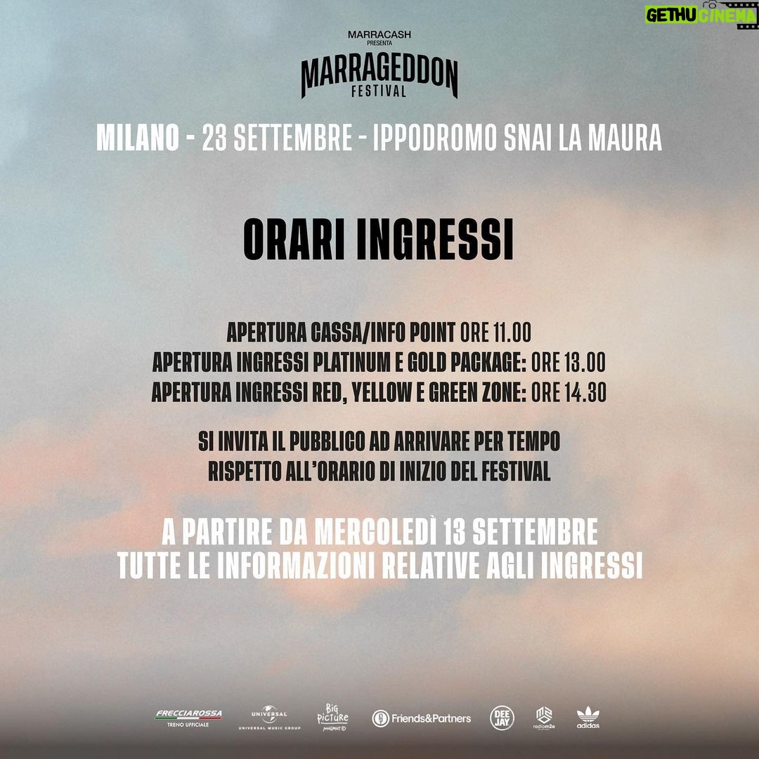 Fabio Bartolo Rizzo Instagram - ⚠️INFO UTILI PER MILANO⚠️ In questo post troverete orari ingressi, orari della line up musicale e mezzi di trasporto pubblico per arrivare all’Ippodromo il 23 settembre a Milano. Vi invitiamo a leggere con attenzione. A partire da mercoledì 13 settembre verranno comunicate tutte le info relative agli ingressi. Se avete domande che non hanno ricevuto risposta tramite questo post, scriveteci nei commenti o nei DM della pagina del Marrageddon Festival. Tutte le info le trovate anche sul sito di @friendsandpartners #Marrageddon