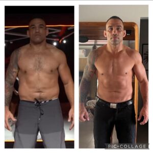 Fabrício Werdum Instagram - O desafio de 60 dias me tirou da zona de conforto para que eu alcançasse a minha melhor versão. Acho que esse ensinamento pode ser levado para todas as áreas da vida e serve para todas as pessoas. 
Temos dezenas de desculpas para não fazermos certas coisas (Manual), mas se focarmos no objetivo, com determinação, conseguiremos superar a nós mesmos e aos nossos limites. E o mais importante disso tudo é o sentimento de concretizar esse sonho…é o “eu consegui”. Com ajuda do meu time e principalmente, pela minha vontade de vencer, EU CONSEGUI! E você também consegue! 
Obrigada a todos pelo incentivo, suporte e boas energias! Seguimos em frente! 

EQUIPE DO PROJETO: @correabodybuilder @evertonmaypersonal @dr.rafaelgallassini @art.of_creative 

OBS: As fotos estão de frente para trás! 

Dia 1 / 122 kgs e 22% de gordura 

Dia 60 / 110 kgs e 13% de gordura 

Para ver o último dia do desafio: canal Eduardo Corrêa no YouTube