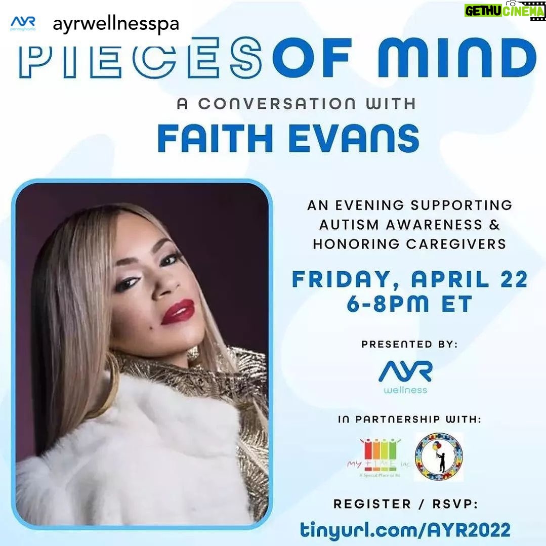 Faith Evans Instagram - Posted @withregram • @ayrwellnesspa In honor of #AutismAwarenessMonth, we will be hosting a virtual event to raise awareness and show support for individuals with autism and their caretakers - many of whom are our colleagues, families, and members of the communities in which Ayr operates. ‘Pieces of Mind’ will take place next Friday, April 22nd from 6-8PM ET. This will be a virtual event full of discussion, song and dance, and will also feature an interview with Grammy award winning R&B artist @therealfaithevans , a caregiver and mother of a child with autism. This event is open to all, but we are asking our guests to please RSVP by visiting: tinyurl.com/Ayr2022 (link in bio!). Thank you to everyone who helped make this possible, including @the_bravemovement , @rydersroominc , @theparentexperience and countless members of the @ayrwellness community. #ForceForGood #SocialImpact #AutismAwareness #AyrWellness 💚