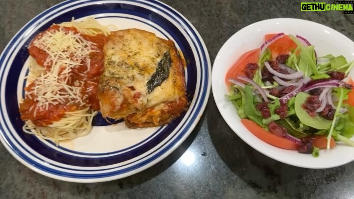 Faith Evans Instagram - So, I went in #FizzysKitchen & did a thing…. lasagna-style eggplant parmesan, spaghetti & arugula salad Da Kitchen!