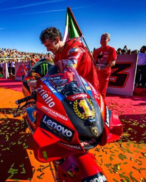 Francesco Bagnaia Instagram - Ci siamo fatti una promessa, tanto tempo fa: Saremmo diventati Campioni del Mondo INSIEME. 
Ti ho voluta e ti ho cercata dalla prima volta che ho sentito il rumore della frizione a secco della 996 di mio zio. 
Ci siamo scelti, abbiamo litigato ma ci siamo sempre capiti. 
Il rosso fa parte di me e oggi abbiamo scritto la storia più bella di sempre. 

We made a promise to each other, a long time ago: We would become World Champions TOGETHER. 
I've wanted you and sought you out since the first time I heard the dry clutch noise of my uncle's 996. 
We chose each other, we fought but we always understood each other. 
Red is part of me and today we have written the most beautiful story ever.