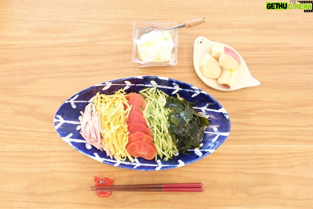Fumino Kimura Instagram - *** お久しぶり様今日のごはんでした。 外に出たら夏の匂いがして なんかワクワクしたな🌻⛱️ と言うわけで #冷やし中華始めました ハム、錦糸卵、トマト きゅうり、ワカメの冷やし中華 はちみつヨーグルト りんご 果物🍈🍉とかアイス🍨とか そう言うものばかりになりがちだから ちゃんと食べるように心掛けなきゃね。 (最近箱入りタイプのスイカ&メロンバーにハマってます)