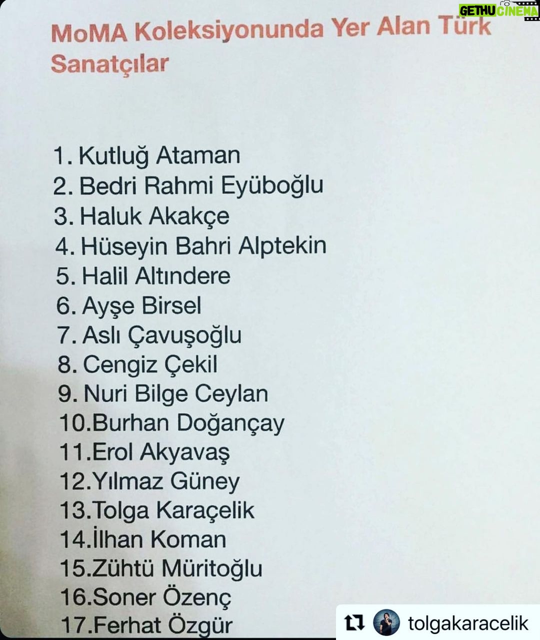 Gülse Birsel Instagram - Ayşe Birsel @designthelifeyoulove görümcem, @tolgakaracelik arkadaşım, Nuri Bilge Ceylan... ee eski ofis komşum 😁. Diğer tüm isimlere de sevgi ve alkış. Böyle şeyleri daha çok fark edip konuşmak lazım.👏🏻👏🏻👏🏻 #Repost @tolgakaracelik with @make_repost ・・・ (Türkçe açıklama aşağıda.) Eng: List of Turkish artists who have an art piece or film in the archives of MOMA. Honored to be in a list with these names. ++++++++++ TR: Bir arkadaşıma hocası vermiş bu listeyi. Neden kimse bilmiyor diye bana sordu, ben de bilmem dedim. Bilmeli dedi, e peki dedim. New York MOMA arşivinde eseri olan 17 Türk sanatçıdan biri olmaktan ziyade, bu isimlerle aynı listede yer almak bir onur. Gişe Memuru MOMA’nın dışında ayrıca Smithsonian’ın da arşivindedir.