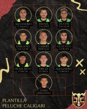 Gabriel Montiel Instagram - Aquí están los 10 que defenderán y lucharán por nuestros colores 🖤❤️💛
Con el apoyo de toda la nación del #PelucheCaligari llegaremos lejos!!

#kingsleagueamericas #PelucheCaligari #futbol