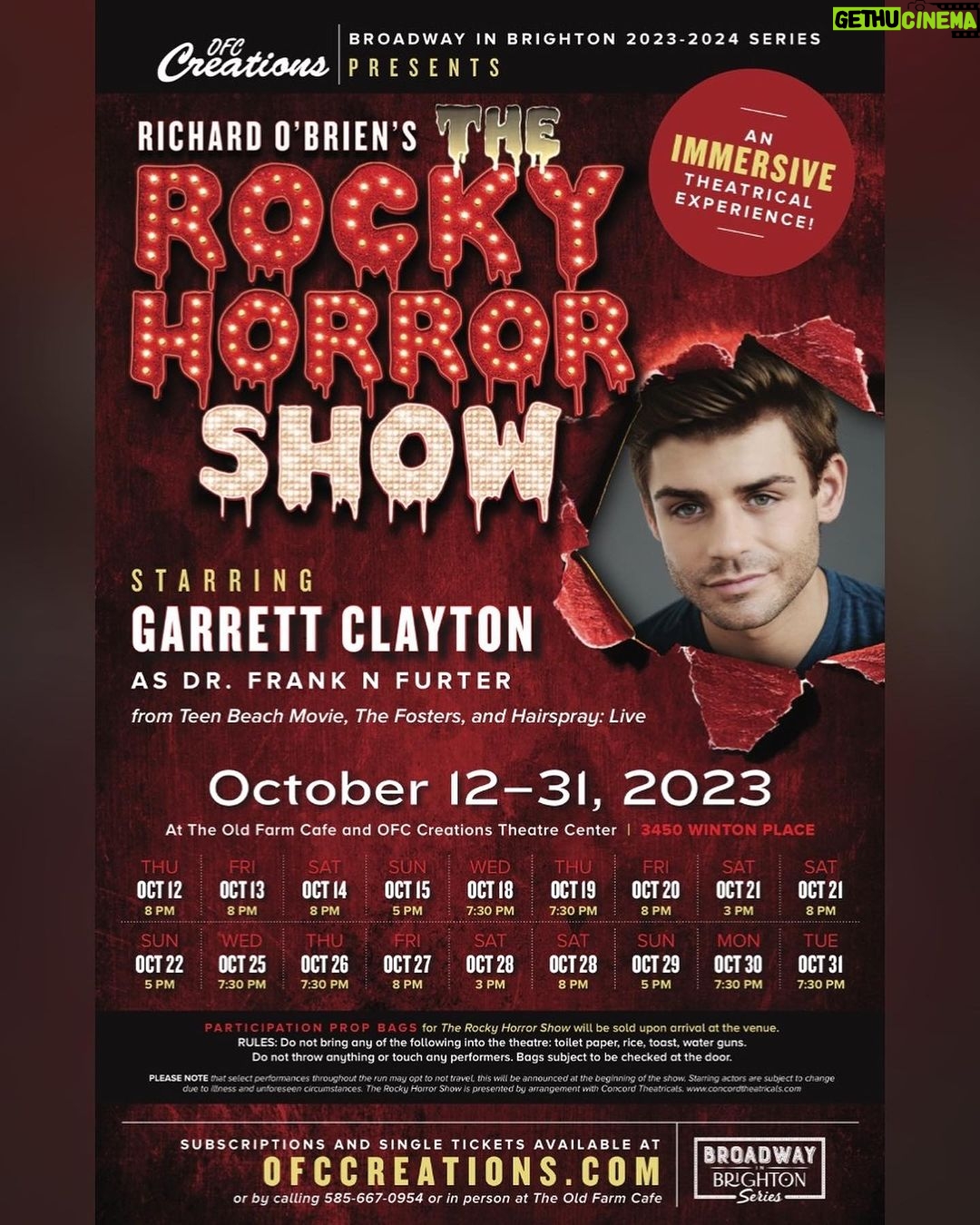Garrett Clayton Instagram - I am SO EXCITED to start rehearsals in less than two weeks for Rocky Horror and to be Frank N Furter! Ahh! Tickets now available at @ofccreations! Check the next slide for show dates 🥳 Can’t wait to see you at the show!!! Ofccreations.com
