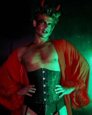 Garrett Clayton Instagram - Let them eat cake 🍰 😈

Last night, getting to be The Devil in the @exorcistic_musical was a damn BLAST. Always grateful to work with my @cherrypoppinsla family. I love you and cheers to the start of an amazing run! 

See you again on closing night of the run 😜♥️

Shout out to @mybrytography for these epic character photos
