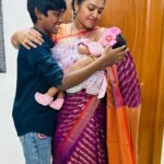 Gayathri Yuvraaj Instagram - My two souls who make my life meaningful ❤️❤️ As a mother anything for you guys .. love you 🥰 @tarun_yuvi_ @yuvi_smart Beautiful Saree from @ahanika_fashions Blouse @abarnasundarramanclothing