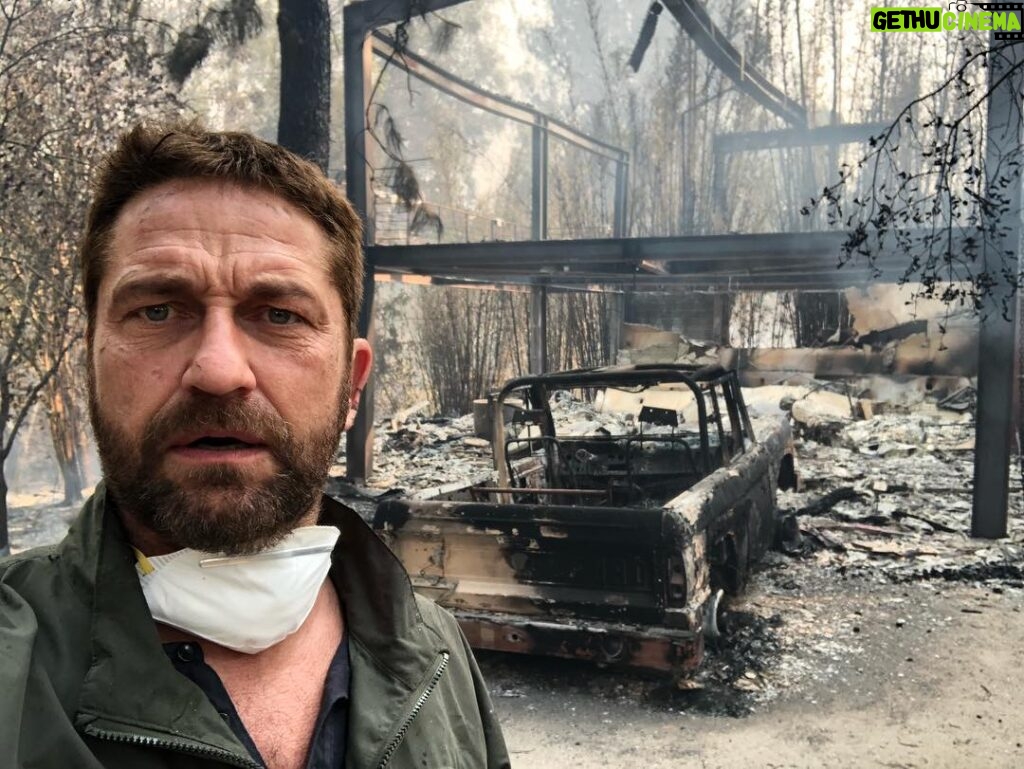 Gerard Butler Instagram - Returned to my house in Malibu after evacuating. Heartbreaking time across California. Inspired as ever by the courage, spirit and sacrifice of firefighters. Thank you @LosAngelesFireDepartment. If you can, support these brave men and women at SupportLAFD.org. Link in bio.