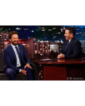 Gerard Butler Instagram - Last night shooting the shit with @JimmyKimmel. I had a big job on #AngelHasFallen making sure the legends @MorganFreeman and Nick Nolte were taken care of. Check out the clip in my Story to hear about the crazy stunts @Ric.Roman.Waugh put us through. In theaters in one week!