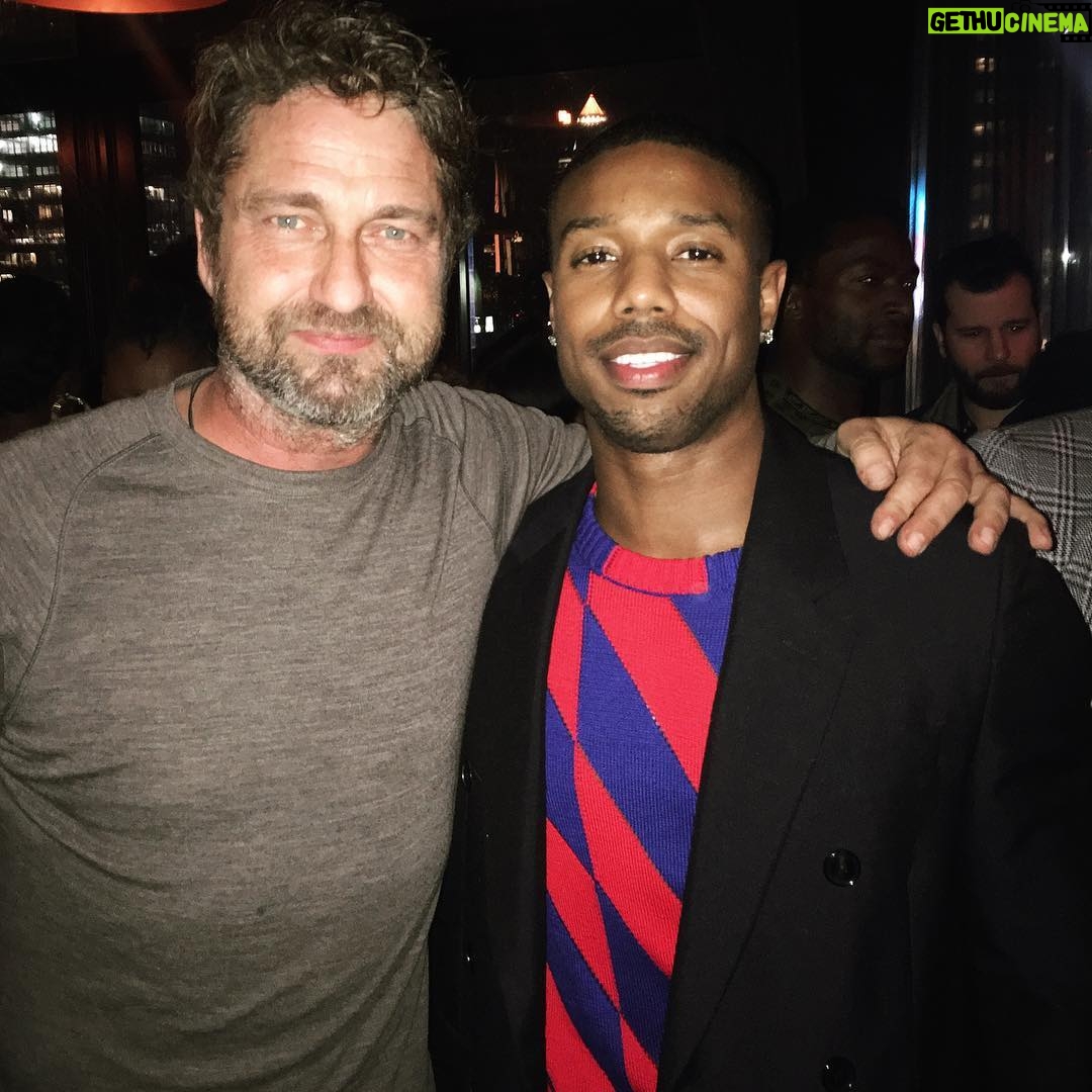 Gerard Butler - 164K Likes - A shout out to my boys @MichaelBJordan and @ChadwickBoseman. At the NY screening of #BlackPanther on Wednesday night. They crushed it. I'm moving to Wakanda. If ever a movie can be so much fun and so damn important at same time, this is it. Good luck this weekend, even though I don’t think you need it.