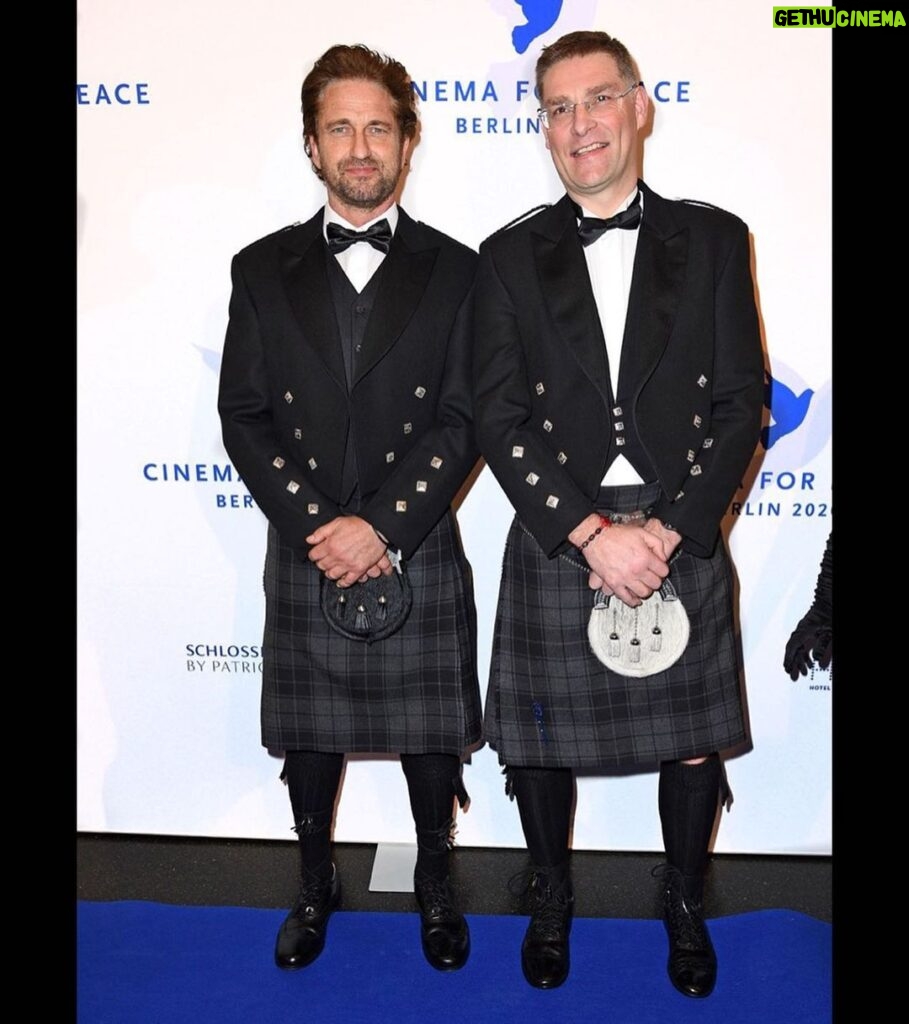 Gerard Butler Instagram - An honor to receive the @CinemaForPeace award for my work with @MarysMeals. But the guy who deserves it is the other kilt-wearing Scot – Magnus MacFarlane-Barrow, their Founder and CEO. I am in awe of what my brother Magnus has created and their daily impact on more than 1.6 million children around the globe. Berlin, Germany