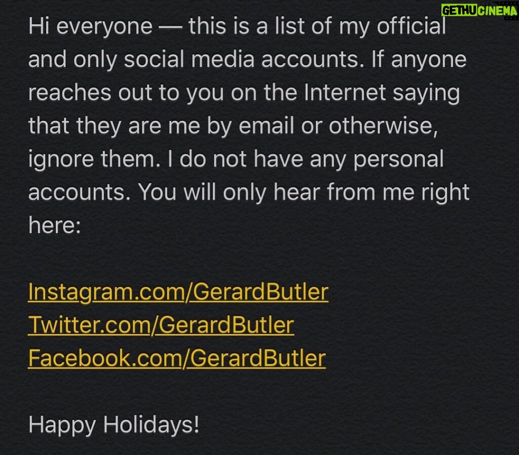 Gerard Butler Instagram - Important message from me. Stay safe out there!