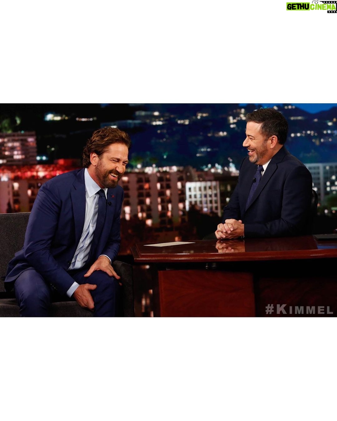 Gerard Butler - 154.7K Likes - Last night shooting the shit with @JimmyKimmel. I had a big job on #AngelHasFallen making sure the legends @MorganFreeman and Nick Nolte were taken care of. Check out the clip in my Story to hear about the crazy stunts @Ric.Roman.Waugh put us through. In theaters in one week!