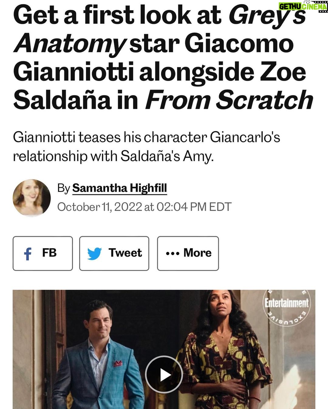 Giacomo Gianniotti Instagram - 10 Days!!! The countdown begins. Excited for you all to meet Giancarlo in the upcoming @netflix series #FromScratch Thanks to the whole team at @hellosunshine to writer @tembilocke and showrunner @atticalocke , director extraordinare @nzingbling our Amy @zoesaldana and our amazing cast and crew. This one was a blast. Canโt wait for you all to go on this adventure. Make sure to have, pasta, wine and some tissues close by. ๐ ๐ท ๐คง ๐ฎ๐น Full story in the link in my stories. #netflix #fromscratch Hollywood, California