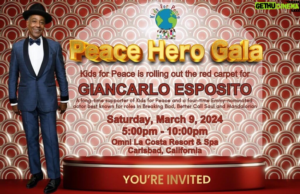 Giancarlo Esposito Instagram - Ready for some fun in 2024? Join us at our Peace Hero Gala!! Early bird tickets end on December 31st, so get yours now!The uplifting evening will be filled with joy, inspiration and fun as we honor the big-hearted Giancarlo Esposito, dance to the beat of Atomic Groove, enjoy delicious food at the Omni La Costa Resort & Spa, raise money for Kids for Peace and each do our part to create a kinder and more peaceful world for all. Get tickets here: https://kidsforpeaceglobal.org/peacehero2024/ ❤️❤️❤️❤️❤️❤️❤️ #KidsforPeace #PeaceHeroGala #GiancarloEsposito #atomicgroove #peace #love #party
