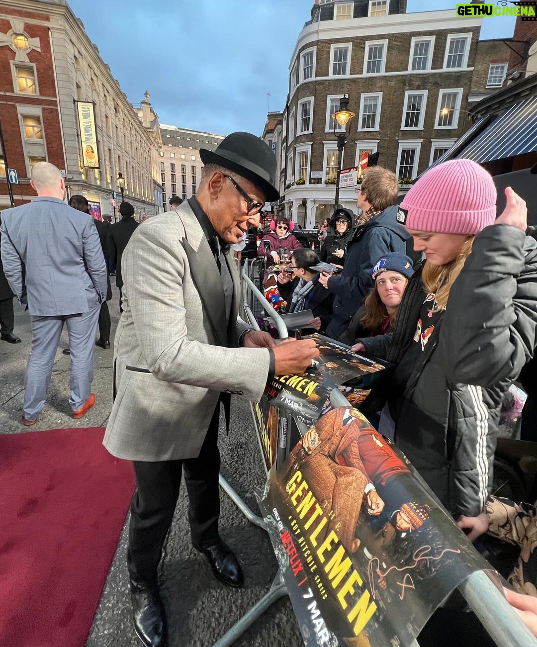 Giancarlo Esposito Instagram - A true Great Britain Hollywood premiere of THE GENTLEMEN! It was great to feel the audience reaction and fervor for this #GuyRitchie classic! Netflix did it right in proper British style! #TheGentlemen premieres TOMORROW on @netflix. πππ½ Also, love my double trouble jacket by @acustom! Made me feel like a proper English gentleman! High Lapel! High and tight!